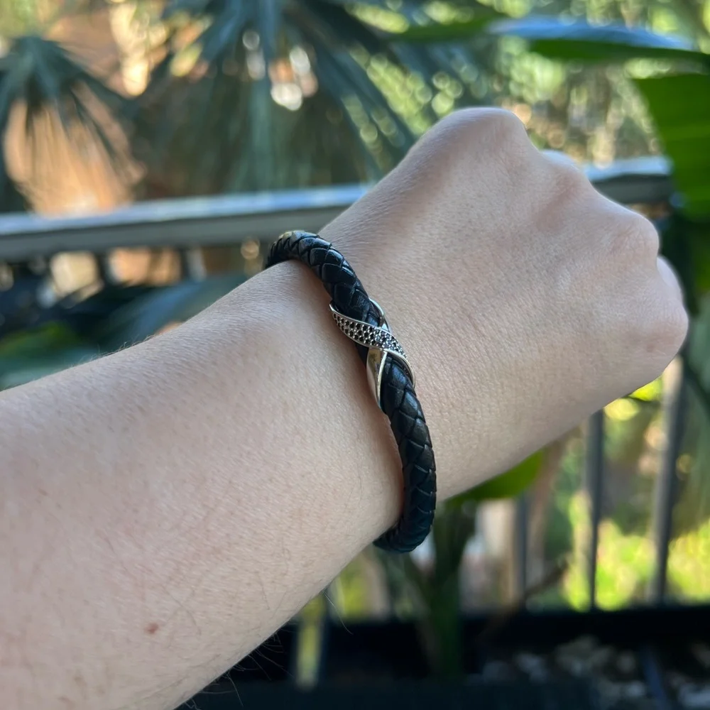 Black Braided Leather Bracelet with Black CZ Pavé Accent